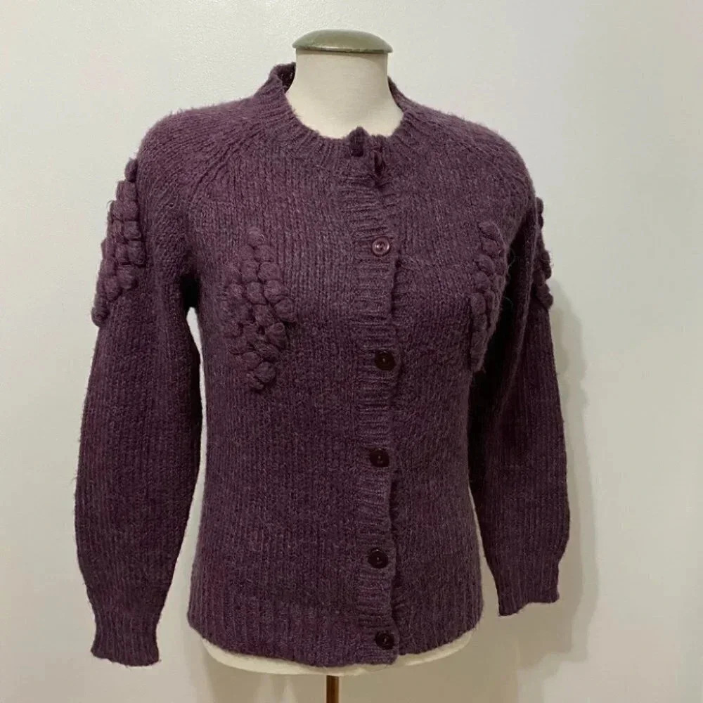 Vintage - 1980 / 1990 Plum Coloured Wool Blend Embroidered Cardigan